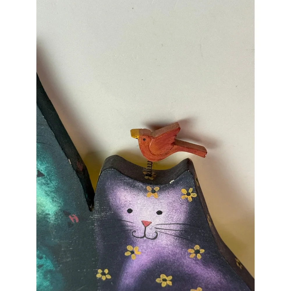 Whimsical Hand Painted Wooden Cat Trio Wall Hanging with Bobble Bird 18in